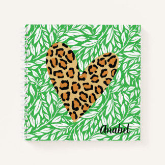 Custom adorable teen Green leaves Leopard heart Notebook