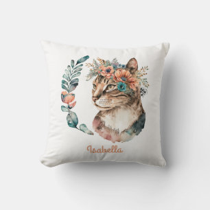 Custom Adorable Watercolor Floral Boho Cat Cushion