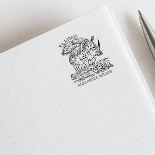 Custom African Rhinoceros Ex Libris Bookplate Rubber Stamp