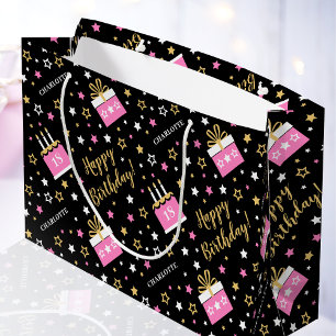 Custom Age Birthday Gift Bag Modern Pink Black