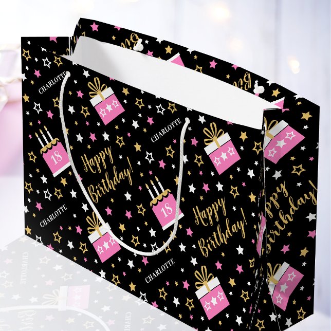Custom Age Birthday Gift Bag Modern Pink Black (Creator Uploaded)
