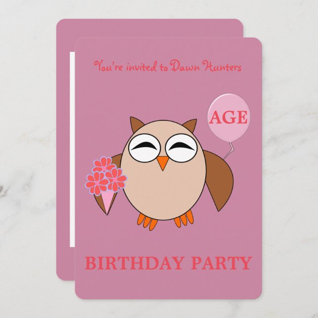 Custom Age Birthday Owl Party Invitation (Front/Back)