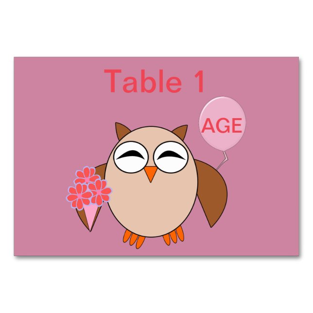Custom Age Birthday Owl Tablecard Table Number (Front)