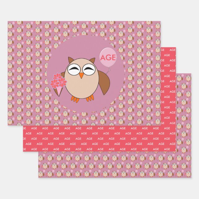 Custom Age Birthday Owl Wrapping Paper Sheet (Set)