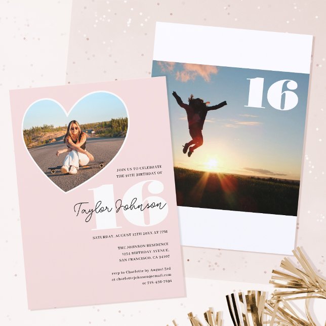 Custom Age Birthday Party Photo Heart Teen Pink Invitation (Creator Uploaded)