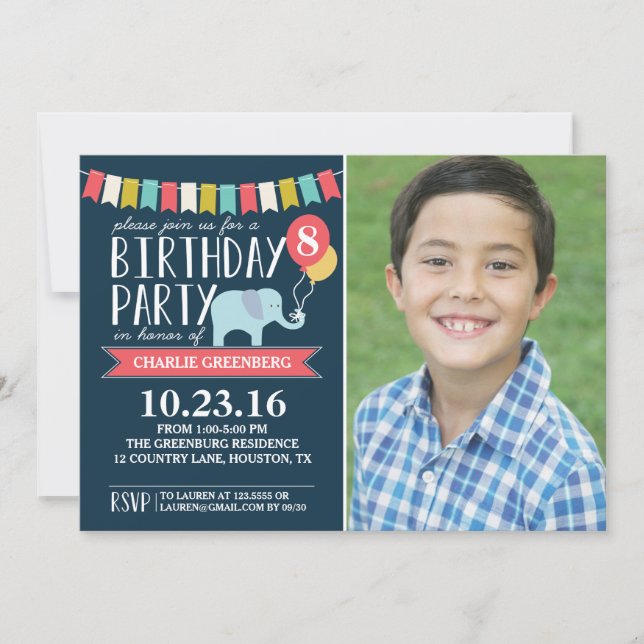 Custom Age Elephant Birthday Party | Birthday Invitation (Front)