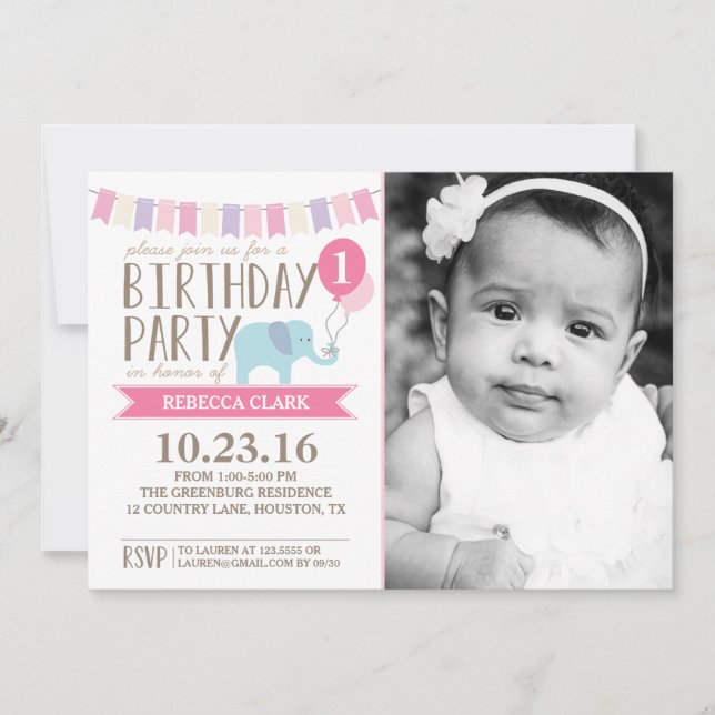 Custom Age Elephant Birthday Party | Birthday Invitation (Front)