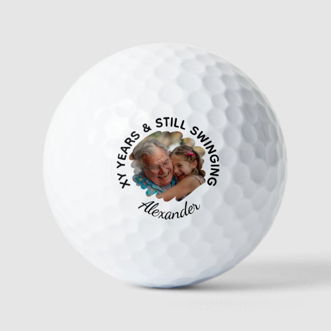Custom Age Funny Still Swinging Photo & Name Golf Balls (Front)