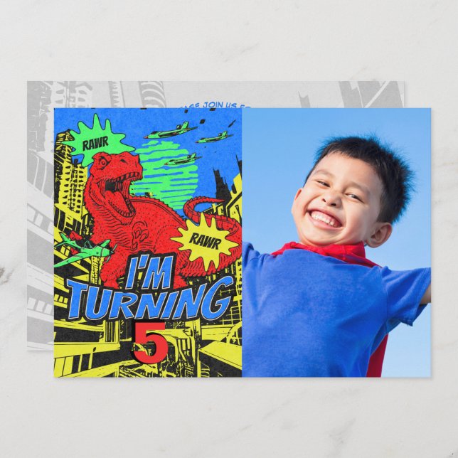 Custom Age Kid Comic Dinosaur Birthday Party Photo Invitation (Front/Back)