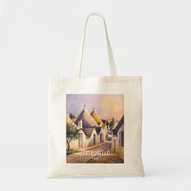 Custom Alberobello Trulli House Italy Watercolor Tote Bag (Front)