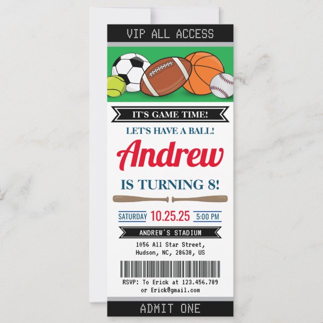 Custom All Star Sports Ticket Birthday Invitation (Front)