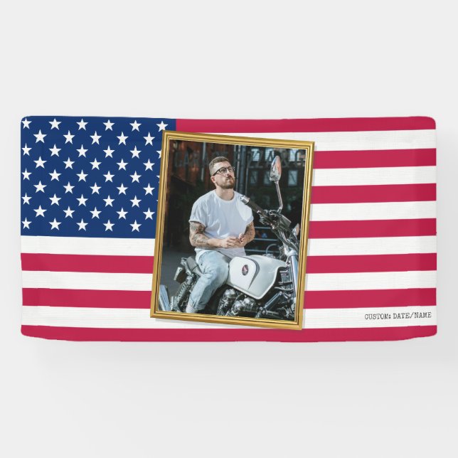Custom American Flag with Your Photo, Dorm Decor Banner (Horizontal)