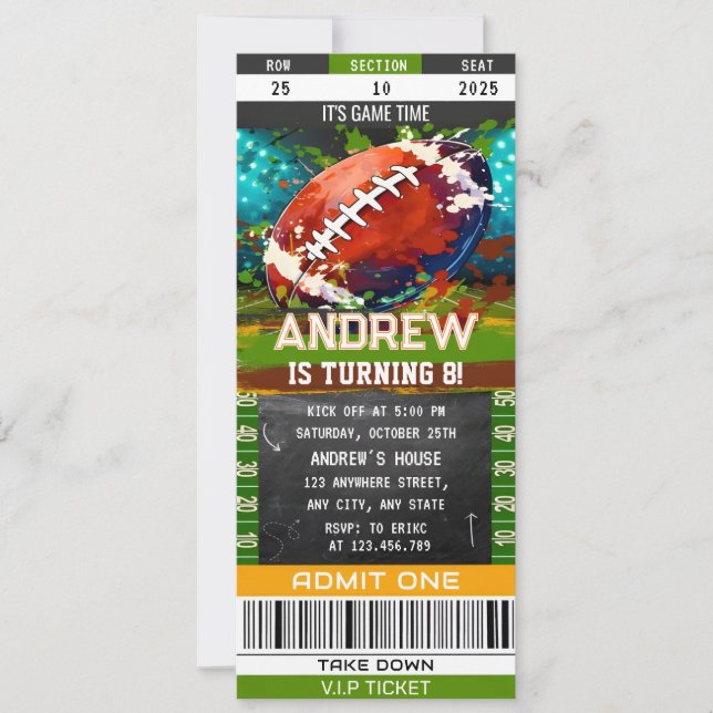 Custom American Football Ticket birthday party Invitation (Front)