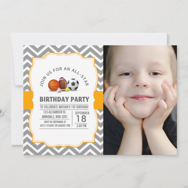 Custom an all-star sport birthday party photo invitation (Front)
