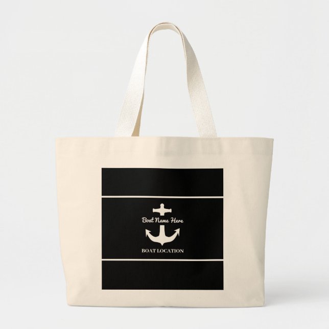 Custom Anchor Black Boat Name Location   Large Tote Bag (Front)