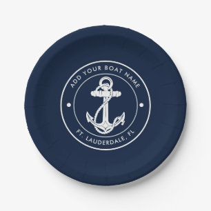 Custom Anchor Boat Name Navy Blue Nautical  Paper Plate