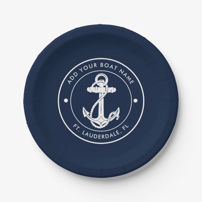 Custom Anchor Boat Name Navy Blue Nautical  Paper Plate (Front)