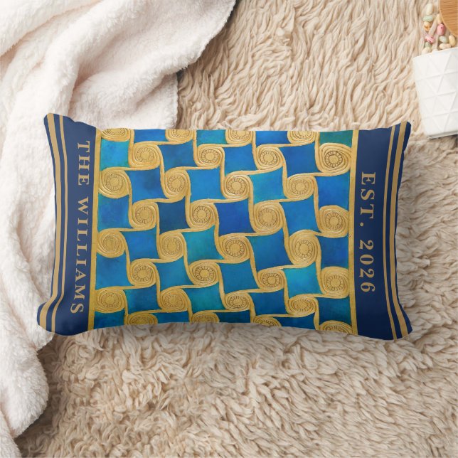 Custom Ancient Egyptian Monogram Blue Gold Lumbar Cushion (Blanket)