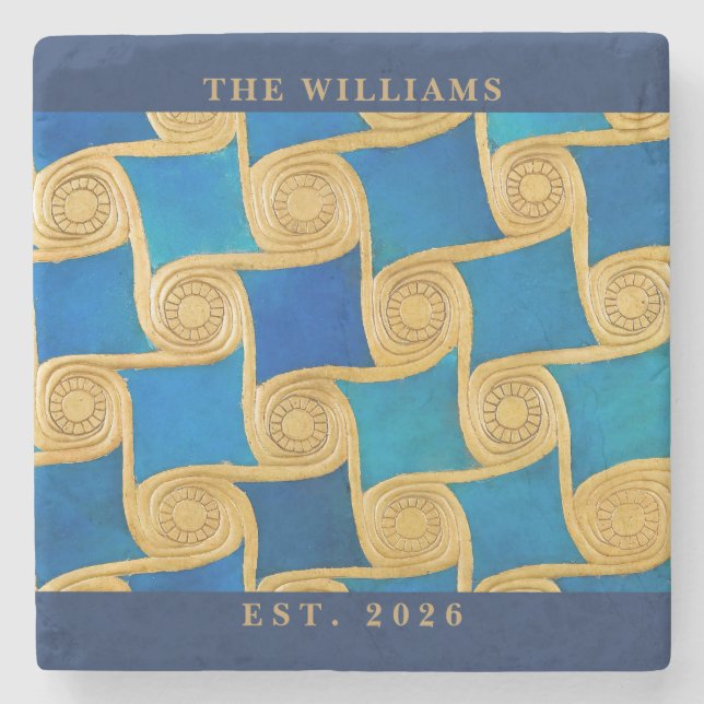 Custom Ancient Egyptian Monogram Blue Gold Stone Coaster (Front)