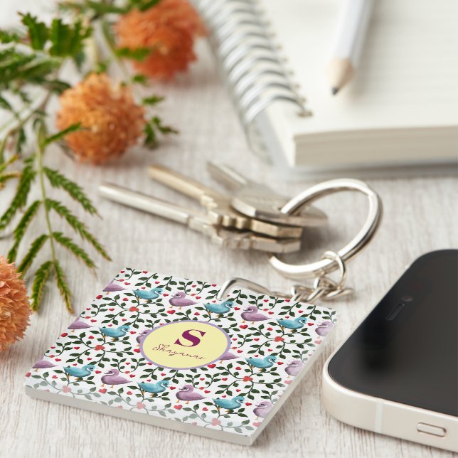 Custom and personalised birds pattern  key ring (Front Right)