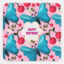 Custom and personalised cherry butterfly gift square sticker