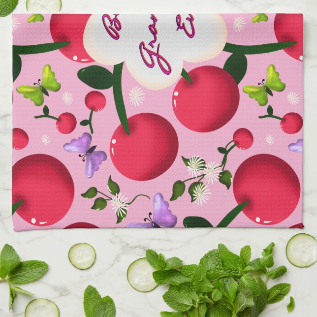 Custom and personalised cherry butterfly gift  tea towel (Folded)