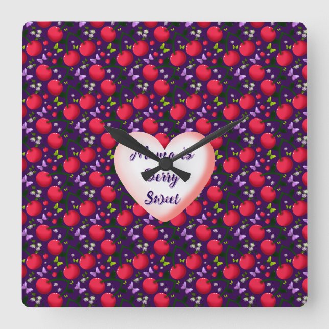 Custom and personalized Cute Cherry Butterfly  Square Wall Clock (Front)