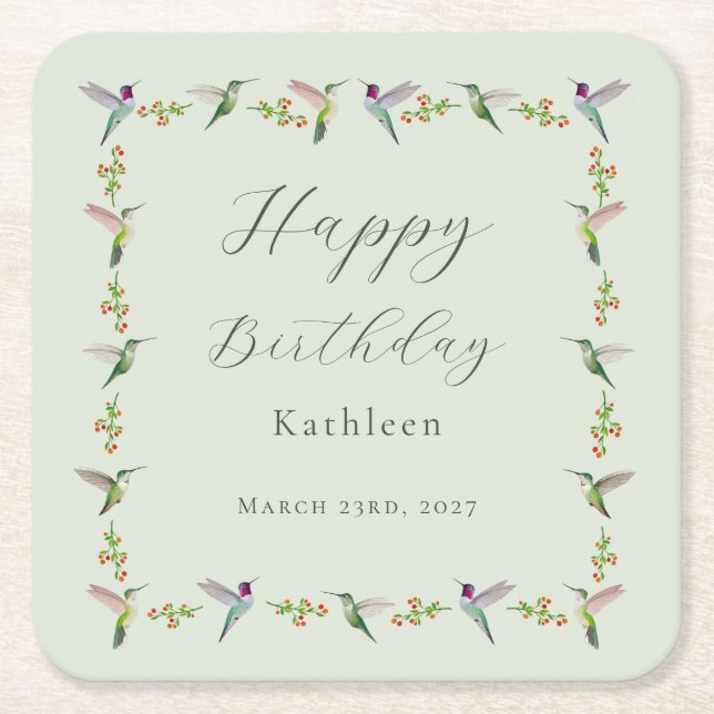 Custom Anna's Hummingbirds Birthday Square Paper Coaster (Front)