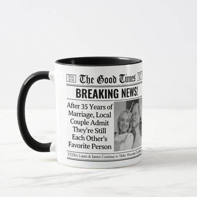Custom Anniversary Mug, Fun Couple Gift Newspaper  Mug (Left)