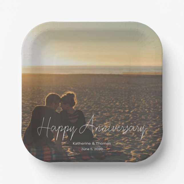Custom Anniversary Photo Personalised text modern  Paper Plate (Front)