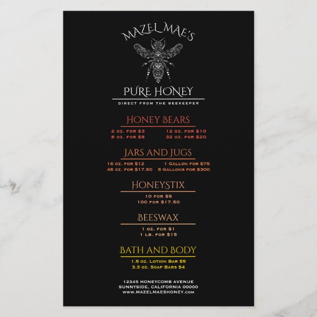 Custom Apiary Honey Menu (Front)