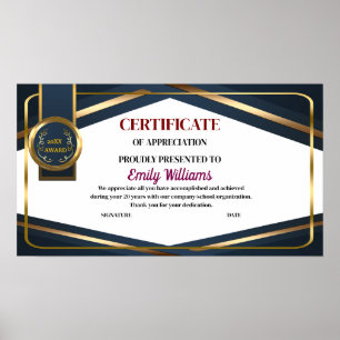 Custom Appreciation Achievement Gold Certificate Poster