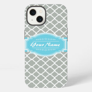 Custom Aqua and Silver Grey Moroccan Quatrefoil iPhone 13 Case