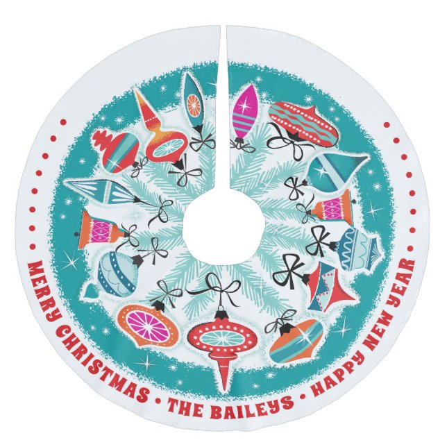 Custom Aqua Border Retro Ornaments Brushed Polyester Tree Skirt (Front)