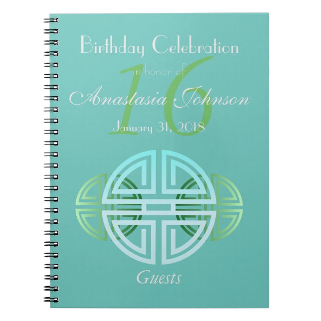 Custom Aqua Mint Longevity Motifs Birthday Guests Spiral Notebook (Front)