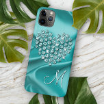Custom Aqua Turquoise Diamonds Love Heart Pattern iPhone 15 Mini Case<br><div class="desc">A contemporary image of a faux shiny diamonds heart on a bright aqua turquoise blue green coloured printed image of wavy satin fabric. With room to customise or personalise with a monogram of your choice. Beautiful, modern, and cool cover for the trend-savvy and art-loving hip trendsetter, artsy motif lover who...</div>
