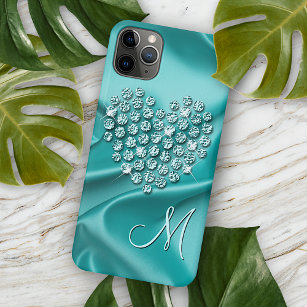 Custom Aqua Turquoise Diamonds Love Heart Pattern iPhone 15 Mini Case