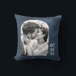 Custom Arch Shape Wedding Photo Date Navy Blue Cushion<br><div class="desc">Custom Arch Shape Wedding Photo Date Navy Blue Throw Pillow</div>