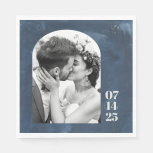 Custom Arch Shape Wedding Photo Date Navy Blue   Napkin