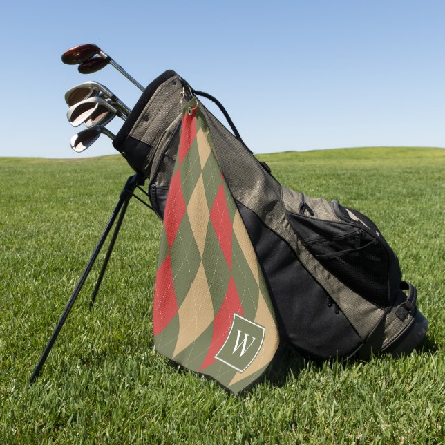 Custom Argyle – Army Green, Red & Khaki Monogram Golf Towel (Green)