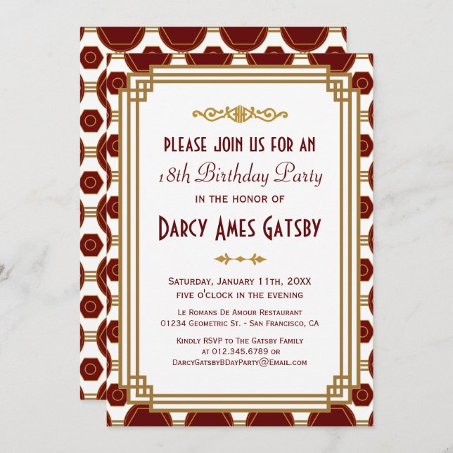 Custom Art Deco Birthday Party Invitations (Front/Back)