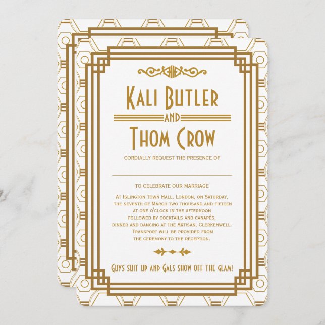Custom Art Deco White Wedding Invitations (Front/Back)