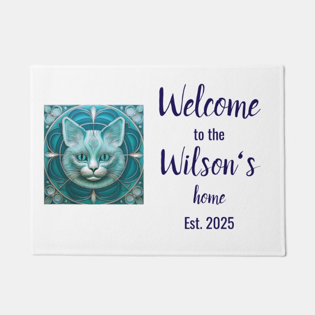 Custom Art Nouveau cat Family Welcome Coir Mat (Front)