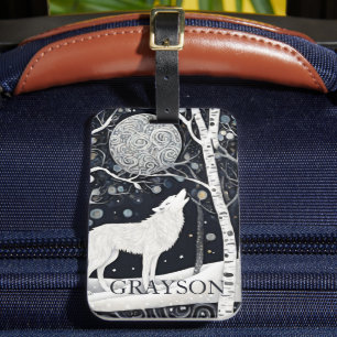 Custom Art Nouveau White Winter Fox Wolf Luggage Tag