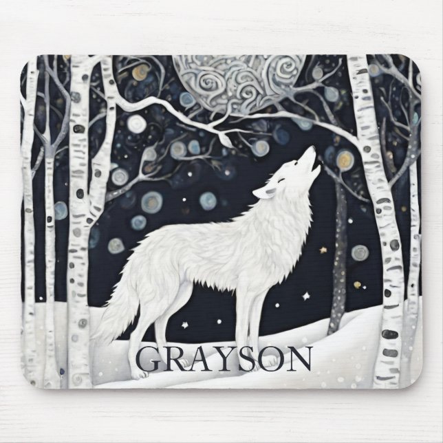 Custom Art Nouveau White Winter Fox Wolf Mouse Pad (Front)