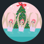 Custom Artistic Swimmers Illustration Christmas    Classic Round Sticker<br><div class="desc">Featuring cool modern illustration of synchronised women artistic swimmers in a pool with a Christmas tree and stars on the back. Artistic swimmers gift design in a pastel colours. Five swimming ladies in swimming pool. Cool swim team gift. synchronised swimming team gifts, synchronised swimming team coach gift. Artistic swimmers girl...</div>