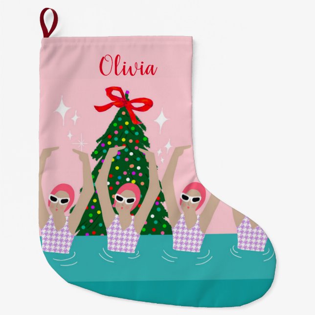 Custom Artistic Swimmers Illustration Swimming Large Christmas Stocking (Front)