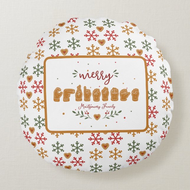Custom ASL Merry Christmas Gingerbread Hands Round Cushion (Front)