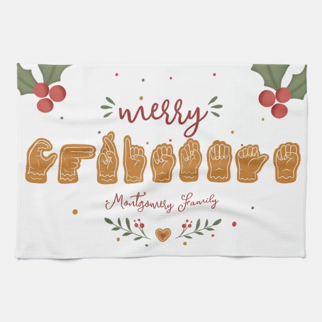 Custom ASL Merry Christmas Gingerbread Hands Tea Towel (Horizontal)