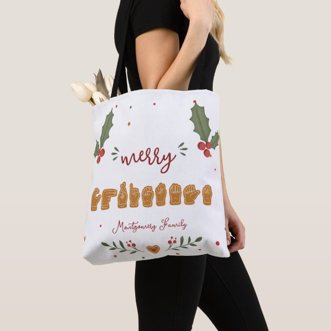 Custom ASL Merry Christmas Gingerbread Hands Tote Bag (Close Up)